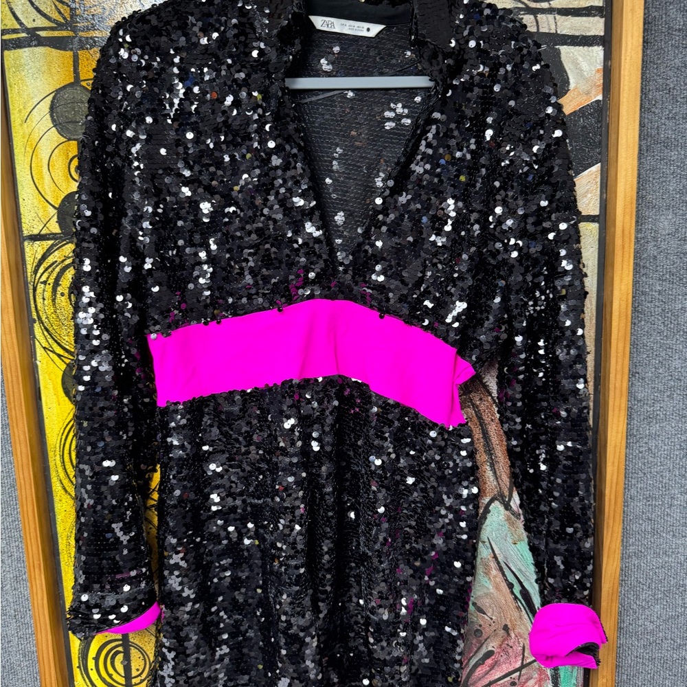 Zara Black and Pink Sequin Blazer